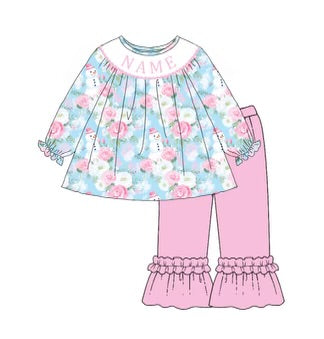 Custom Name Smocked Christmas Set Ruffle Pant Floral Snowman