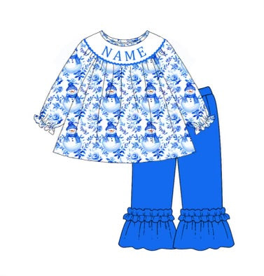 Custom Name Smocked Christmas Set Ruffle Pant Snowman