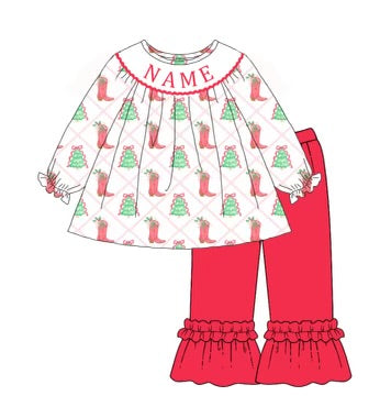 Custom Name Smocked Christmas Set Ruffle Pant
