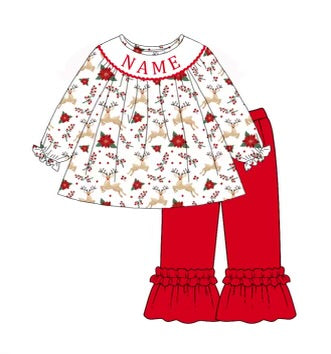 Custom Name Smocked Christmas Set Ruffle Pant