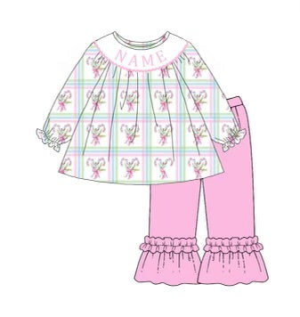 Custom Name Smocked Christmas Set Ruffle Pant Candy Cane Lane